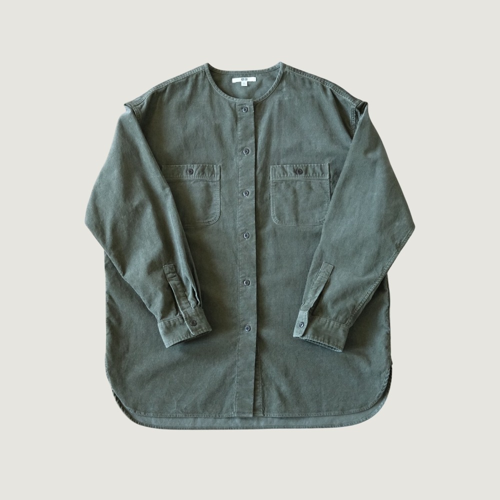 UNIQLO Corduroy Oversized Long Shirt Jacket Olive Green Cotton XL Shacket 3538